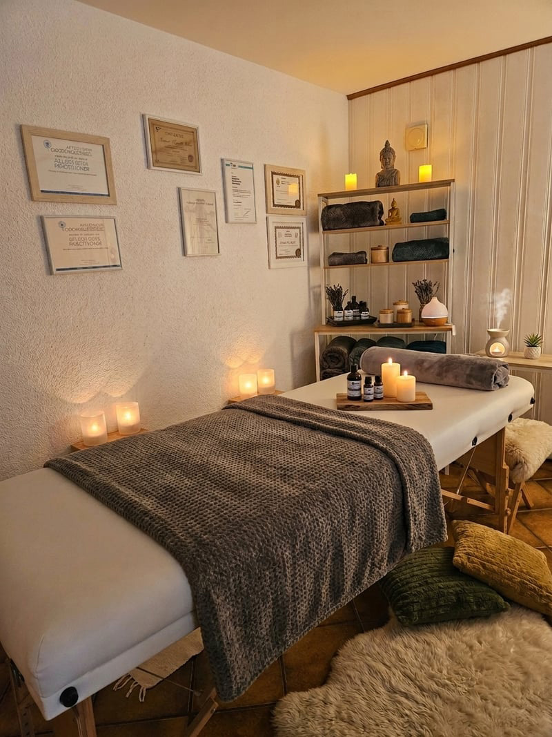 Cabinet de bien-être Au Temps pour Soi à Cheiry — table de massage avec bougies, huiles essentielles et diplômes